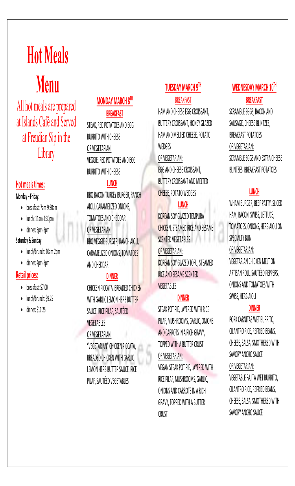 Hot Meals Menu