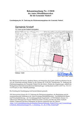 Bekanntmachung Nr.: 1/2018 Des Amtes Mitteldithmarschen Für Die Gemeinde Nindorf