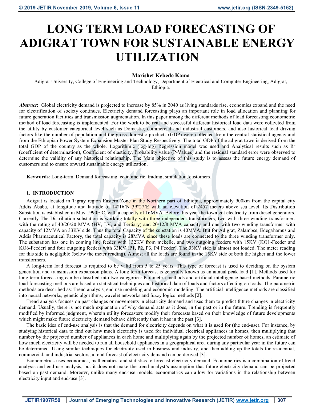 Long Term Load Forecasting of Adigrat Town for Sustainable Energy Utilization