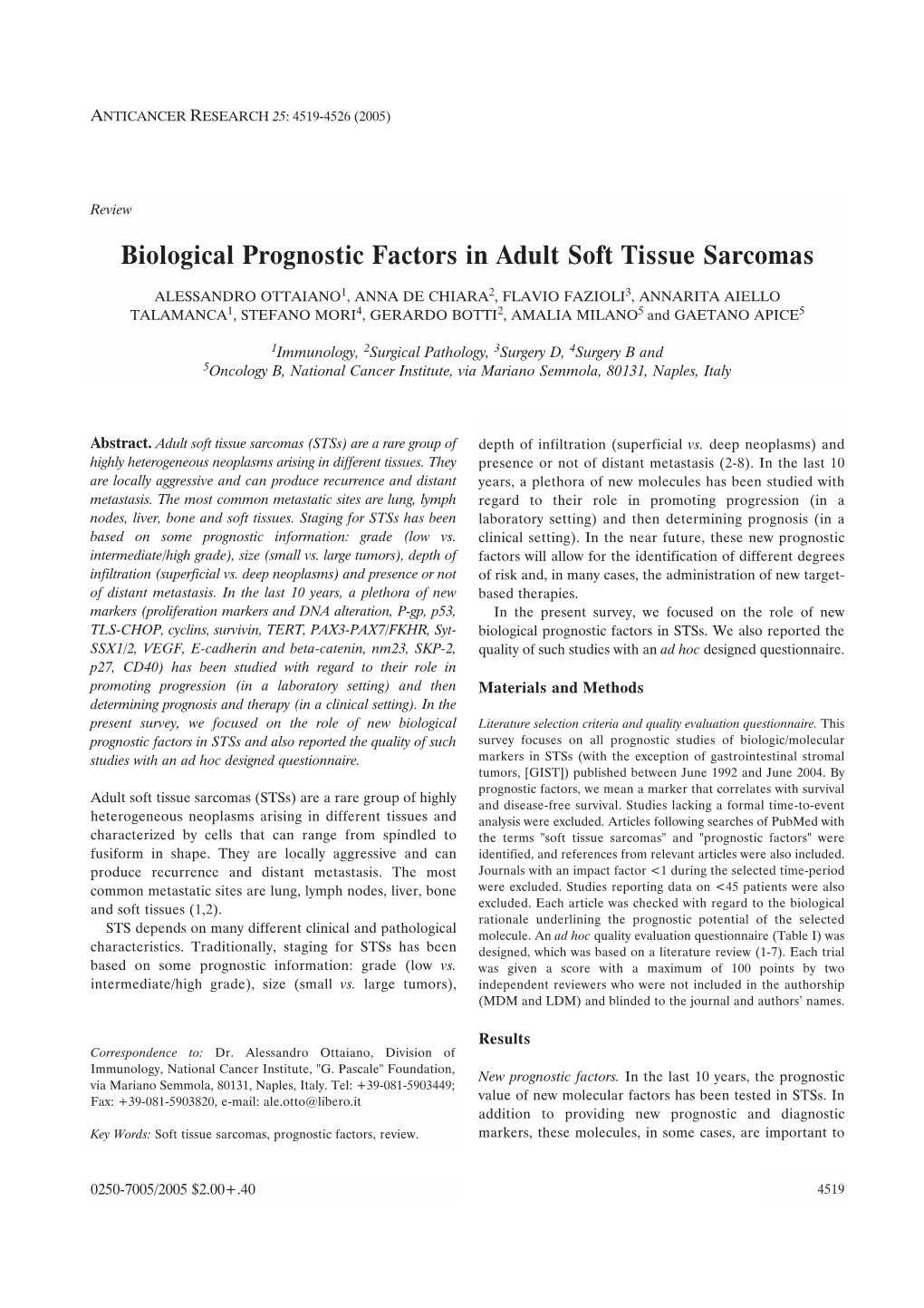 Biological Prognostic Factors in Adult Soft Tissue Sarcomas