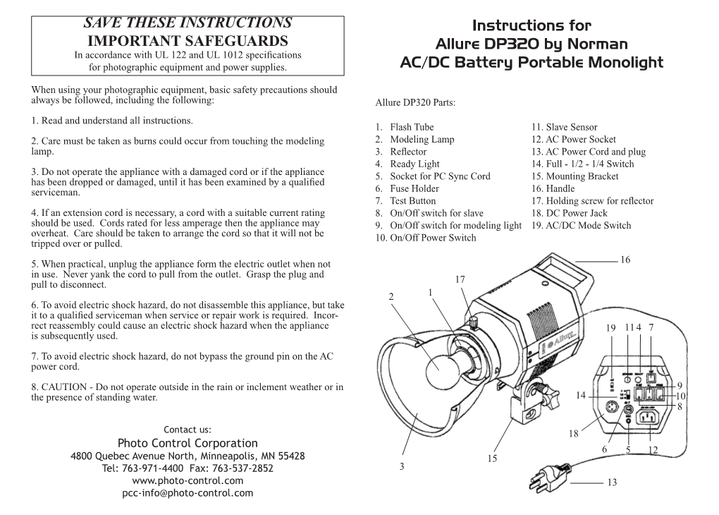 Instructions for Allure DP320 by Norman AC/DC Battery Portable