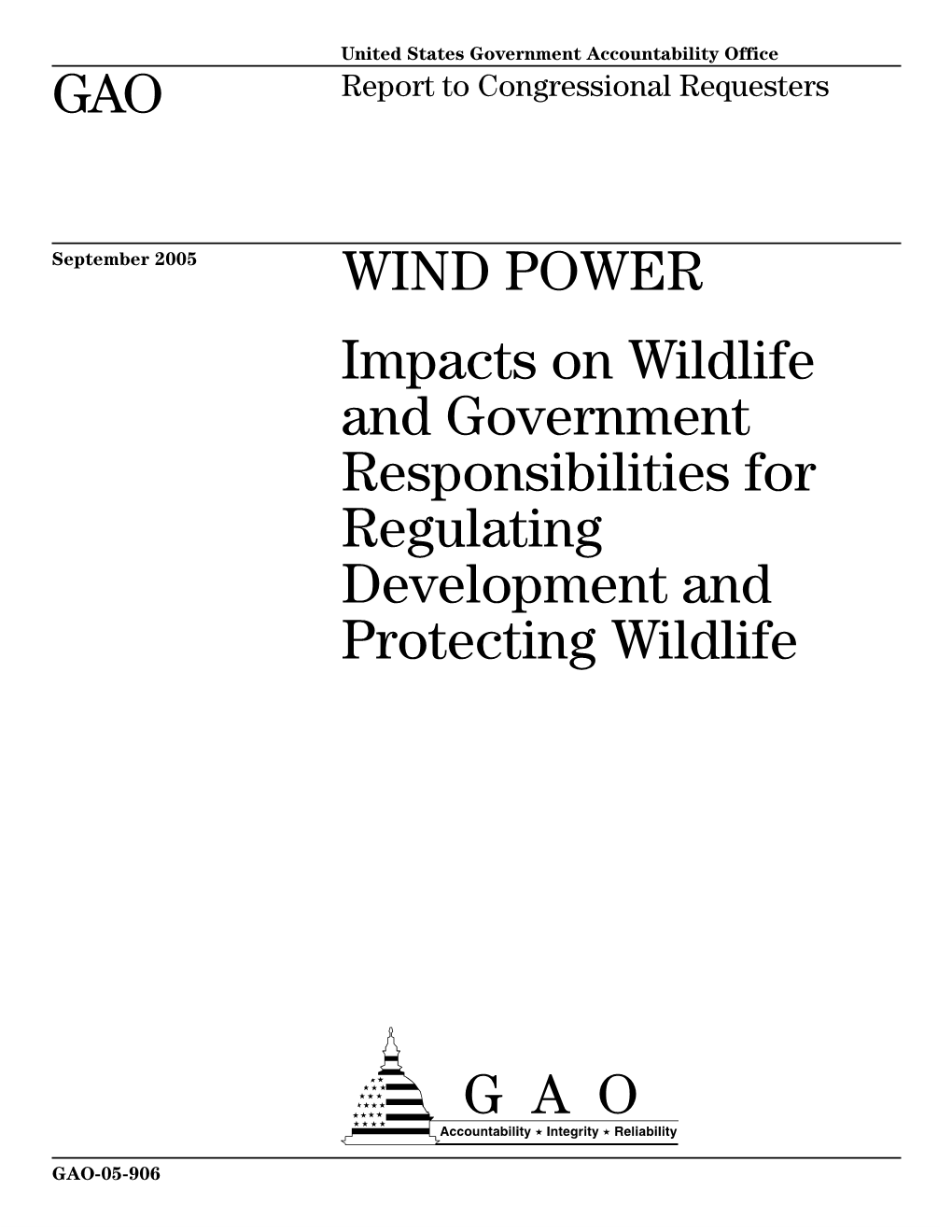 GAO-05-906 Wind Power: Impacts on Wildlife and Government