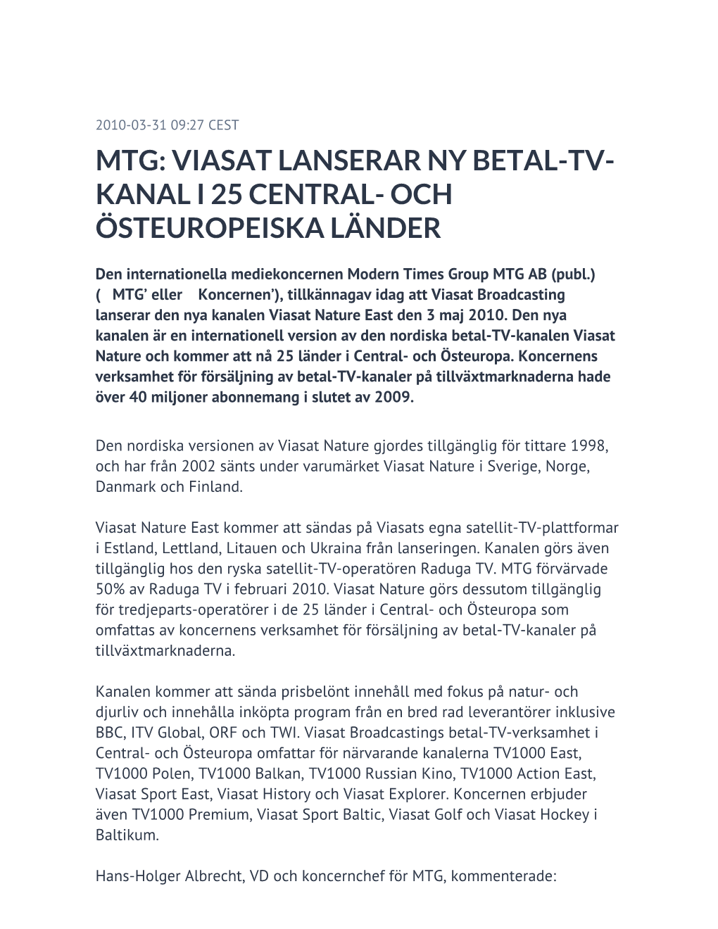 Mtg: Viasat Lanserar Ny Betal-Tv-Kanal I