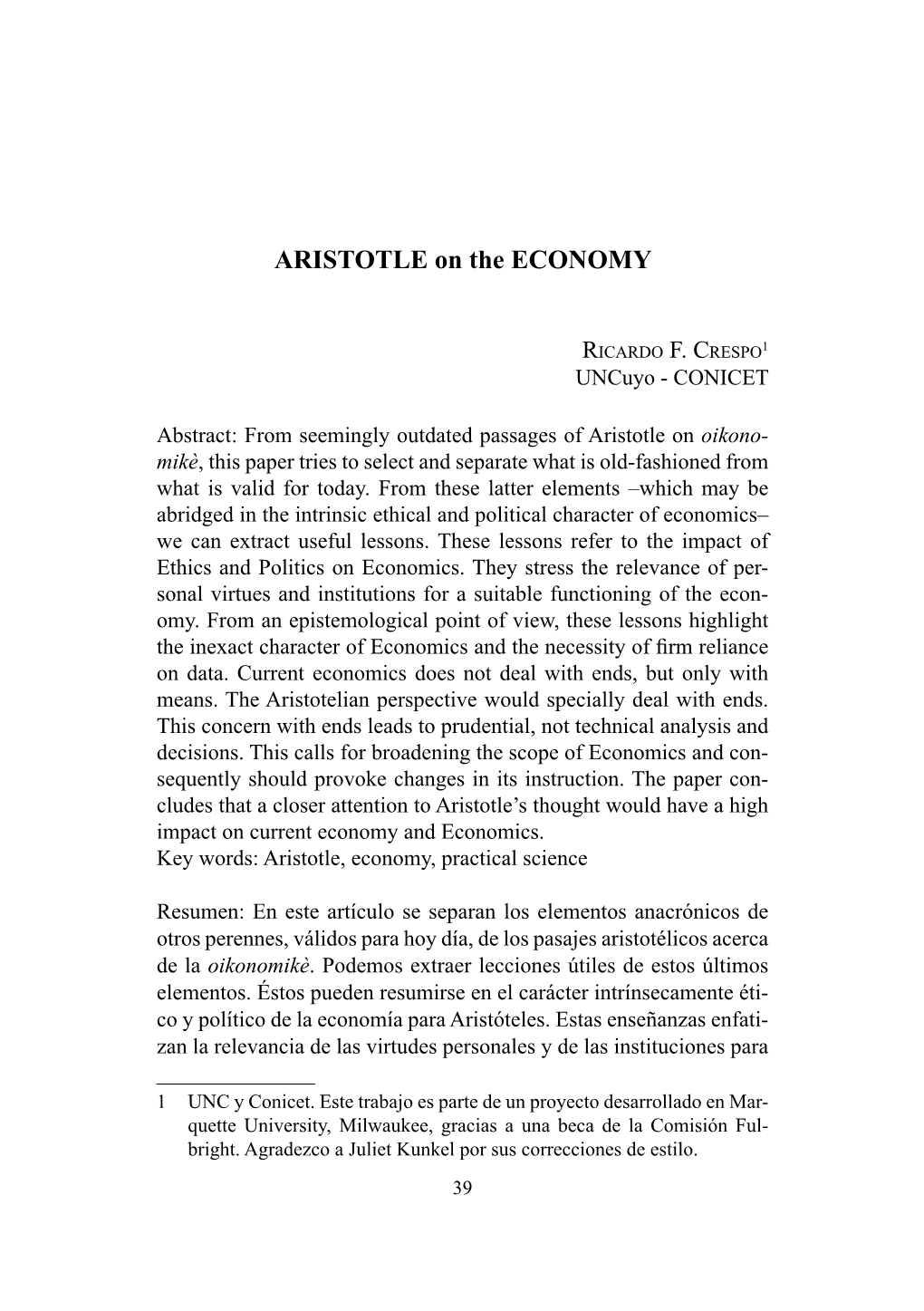 ARISTOTLE on the ECONOMY - PHILOSOPHIA 2010, Pp 39-68