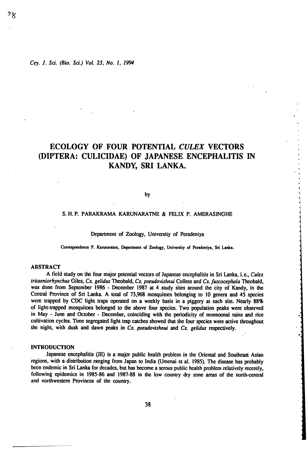 Diptera: Culicidae) of Japanese Encephalitis in Kandy, Sri Lanka