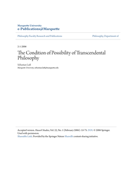 The Condition of Possibility of Transcendental Philosophy Steven Galt Crowell: Husserl, Heidegger, and the Space of Meaning