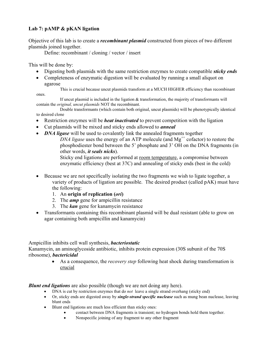 Pamp & Pkan Ligation Objective of This Lab Is to Create a Recombinant