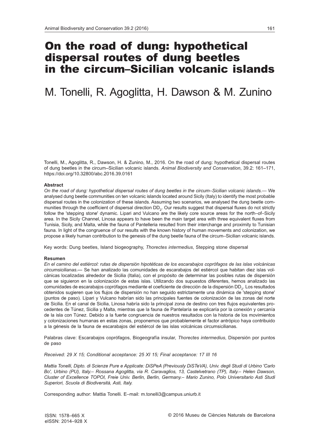 On the Road of Dung: Hypothetical Dispersal Routes of Dung Beetles in the Circum–Sicilian Volcanic Islands