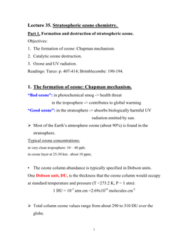 Lecture 35. Stratospheric Ozone Chemistry. 1. the Formation of Ozone