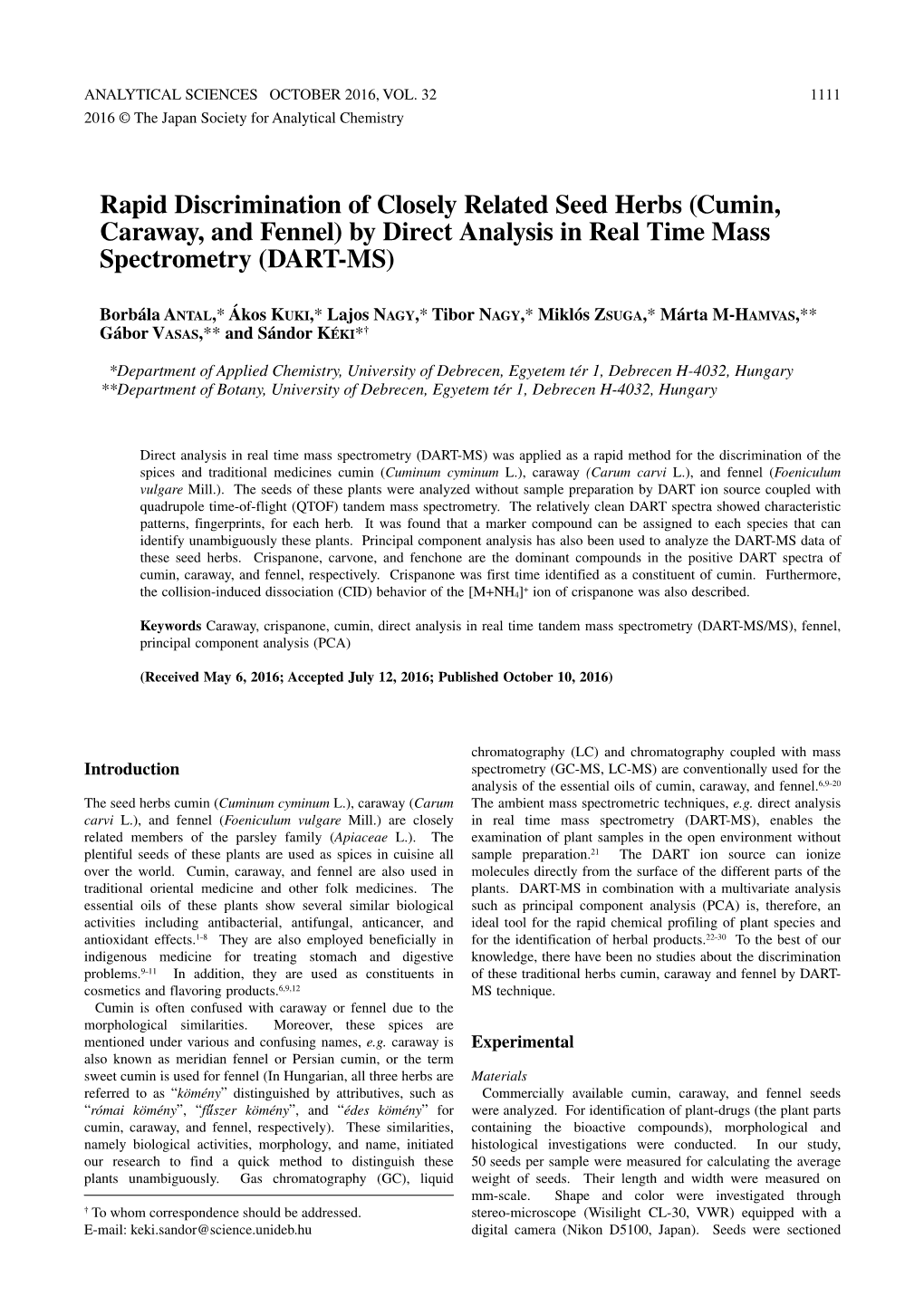 Cumin, Caraway, and Fennel) by Direct Analysis in Real Time Mass Spectrometry (DART-MS)