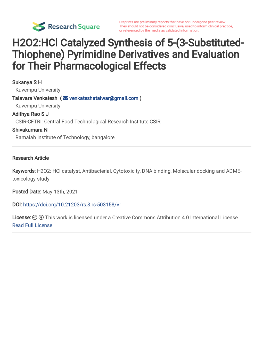 H2O2:Hcl Catalyzed Synthesis of 5-(3-Substituted- Thiophene) Pyrimidine Derivatives and Evaluation for Their Pharmacological Effects