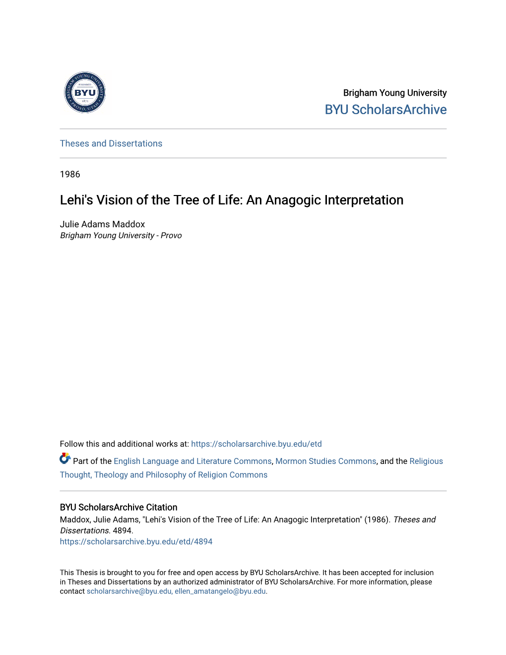 Lehi's Vision of the Tree of Life: an Anagogic Interpretation