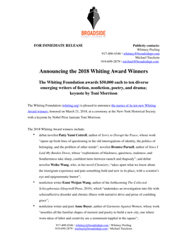 Whiting Awards 2018 FINAL Press Release