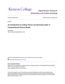 An Introduction to Coding Theory Via Hamming Codes: a Computational Science Model