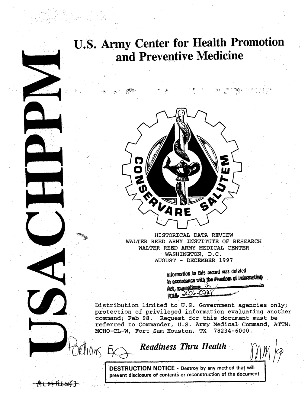 USACHPPM, Historical Data Review, Walter Reed Army Institute of Research, Walter Reed Army Medical Center, Washington, DC August