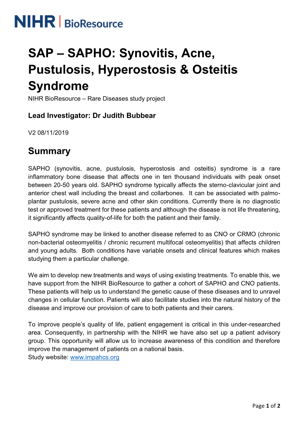 SAPHO Syndrome (Synovitis, Acne, Pustulosis, Hyperostosis, Osteitis)