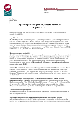 Lägesrapport Integration, Avesta Kommun Augusti 2021