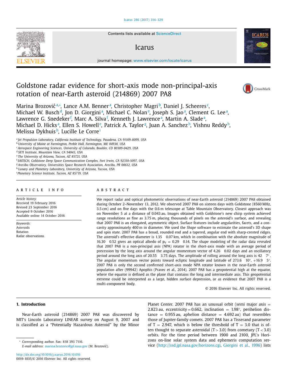 Goldstone Radar Evidence for Short-Axis Mode Non-Principal-Axis Rotation of Near-Earth Asteroid (214869) 2007 PA8