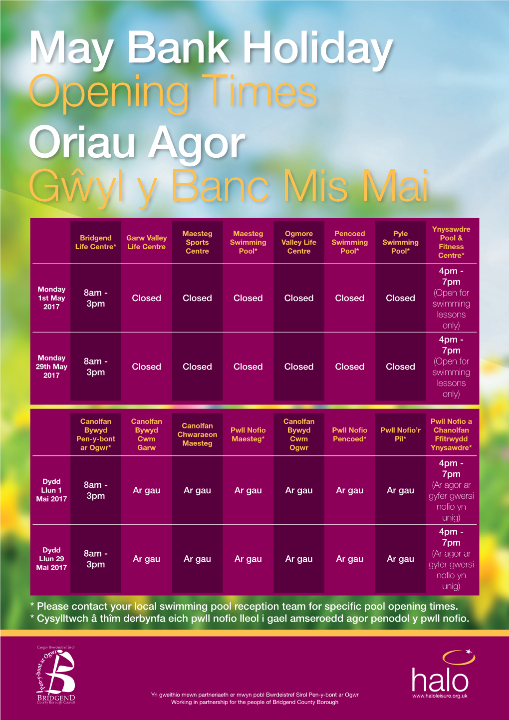 May Bank Holiday Opening Times Oriau Agor Gwˆ Yl Y Banc Mis