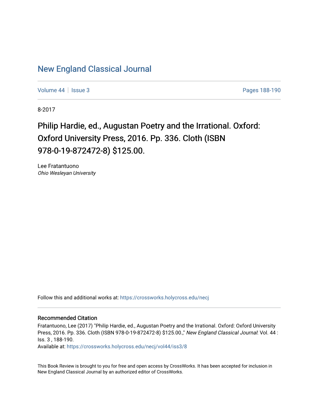 Philip Hardie, Ed., Augustan Poetry and the Irrational. Oxford: Oxford University Press, 2016