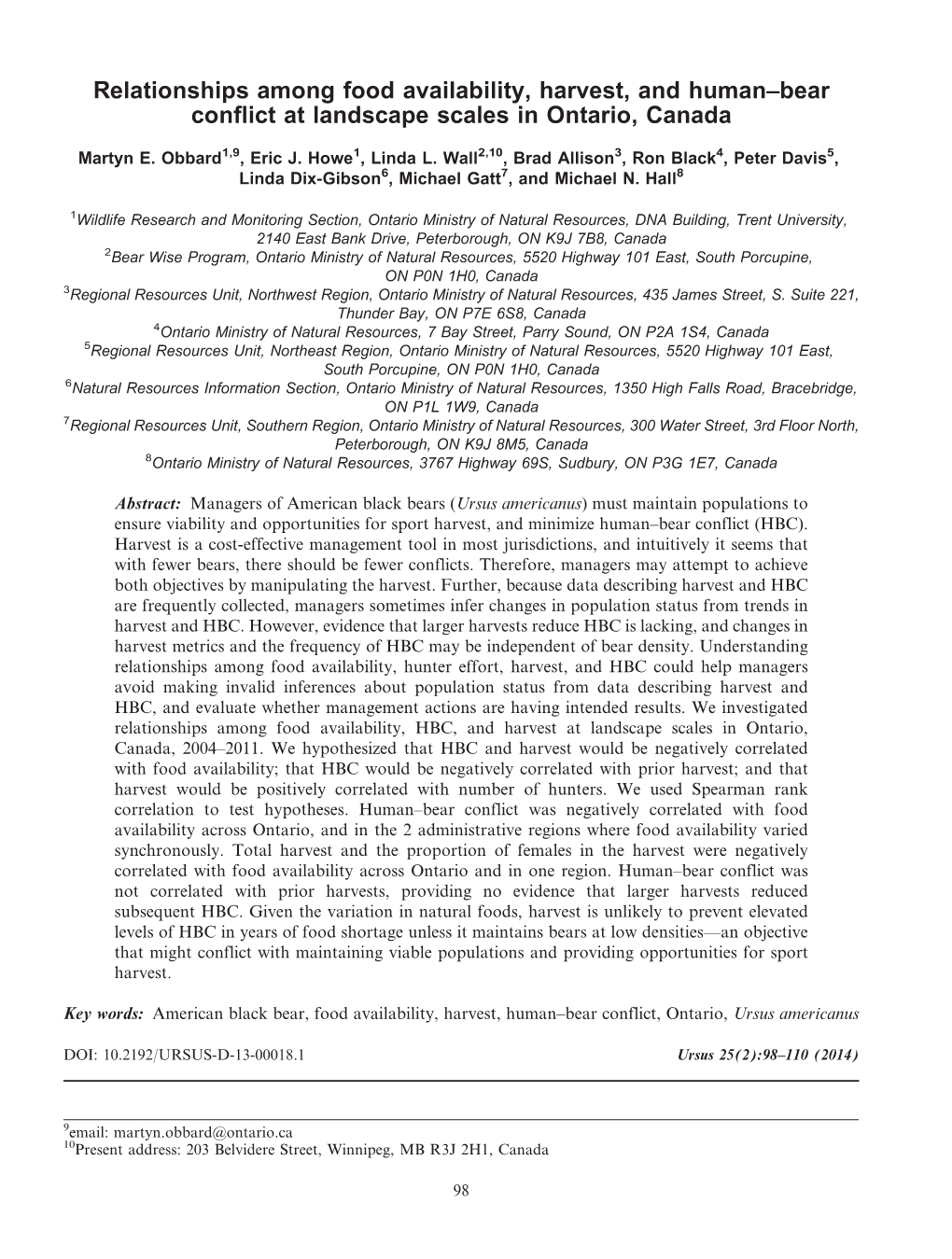 Relationships Among Food Availability, Harvest, and Human–Bear Conflict at Landscape Scales in Ontario, Canada