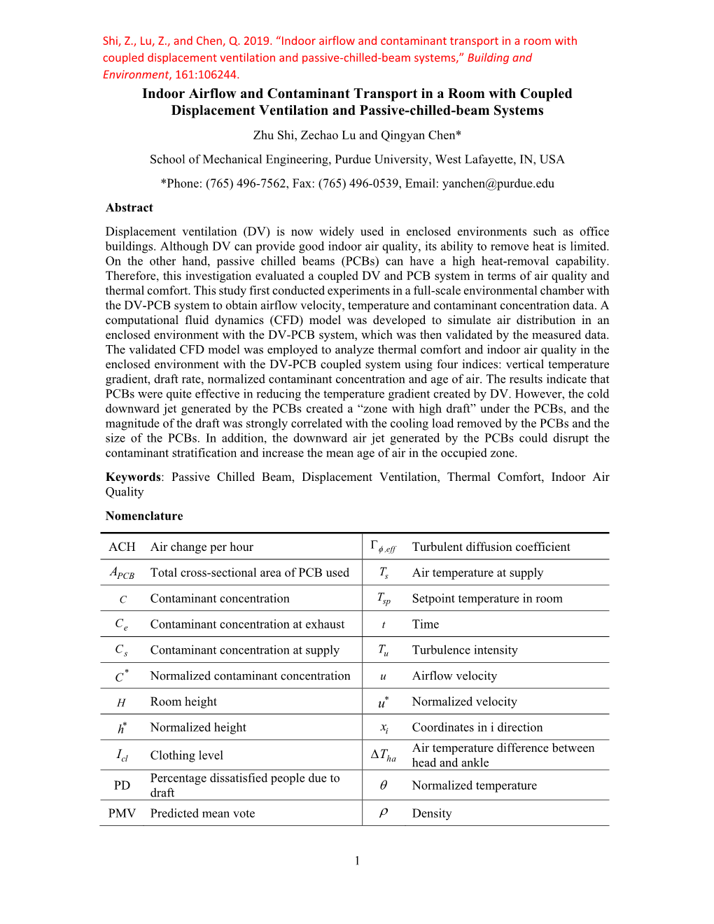 Indoor Airflow and Contaminant Transport in a Room with Coupled Displacement Ventilation and Passive‐Chilled‐Beam Systems,” Building and Environment, 161:106244