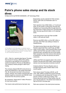 Palm's Phone Sales Slump and Its Stock Dives 18 March 2010, by PETER SVENSSON , AP Technology Writer