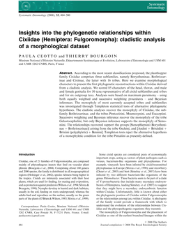 Hemiptera: Fulgoromorpha): Cladistic Analysis of a Morphological Dataset
