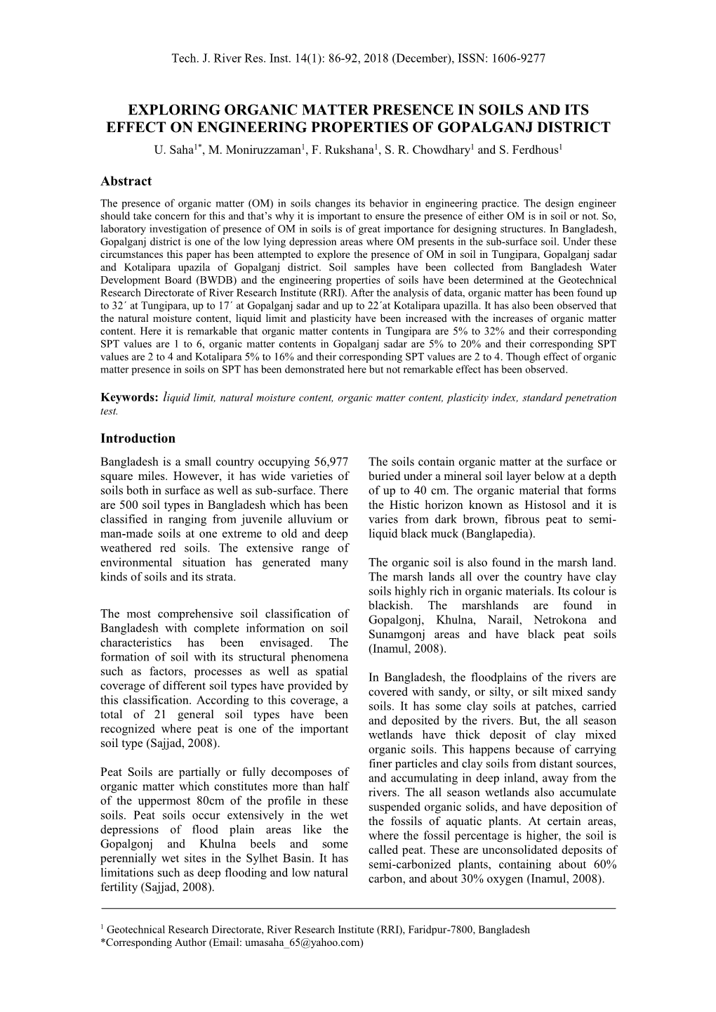 Exploring Organic Matter Presence in Soils and Its Effect on Engineering Properties of Gopalganj District