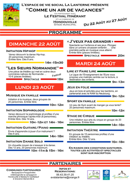 "Comme Un Air De Vacances" En Partenariat Avec Le Festival Itinérant Et La Commune De Hondouville Stade Municipal Du 22 Août Au 27 Août PROGRAMME