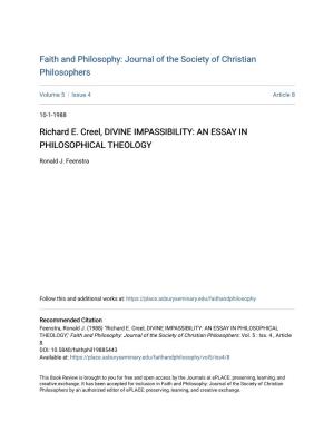 Richard E. Creel, DIVINE IMPASSIBILITY: an ESSAY in PHILOSOPHICAL THEOLOGY