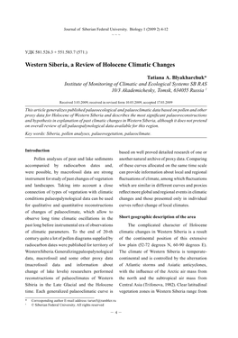 Western Siberia, a Review of Holocene Climatic Changes