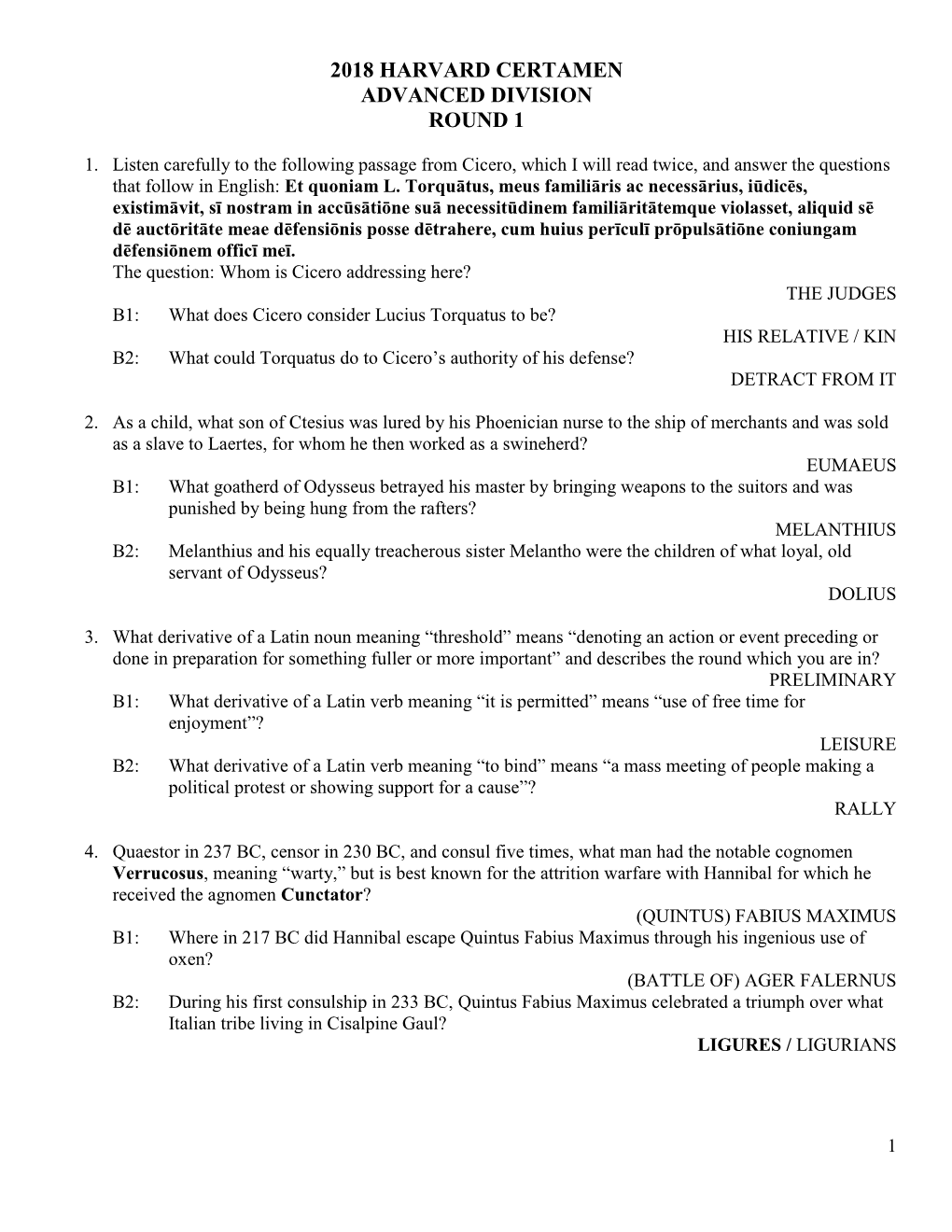 2018 Harvard Certamen Advanced Division Round 1