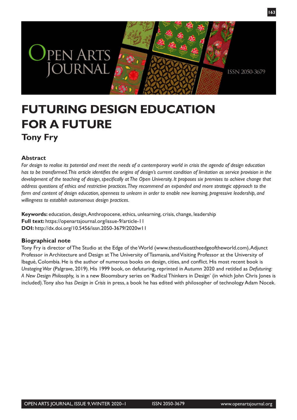 FUTURING DESIGN EDUCATION for a FUTURE Tony Fry