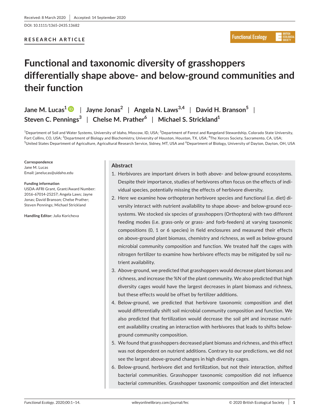 Functional and Taxonomic Diversity of Grasshoppers Differentially Shape Above- and Below-Ground Communities and Their Function