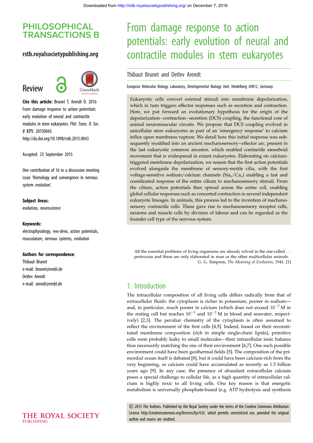 From Damage Response to Action Potentials: Early Evolution of Neural and Rstb.Royalsocietypublishing.Org Contractile Modules in Stem Eukaryotes