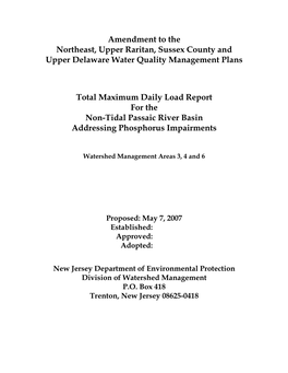 Amendment to the Northeast, Upper Raritan, Sussex County and Upper Delaware Water Quality Management Plans