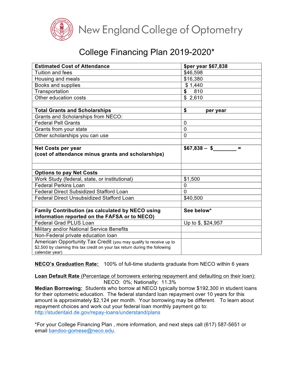 College Financing Plan 2019-2020*