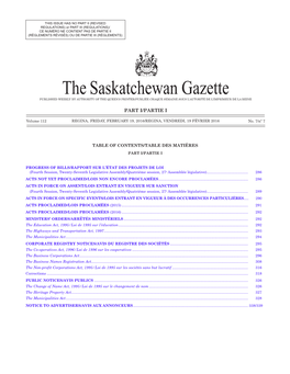The Saskatchewan Gazette, February 19, 2016