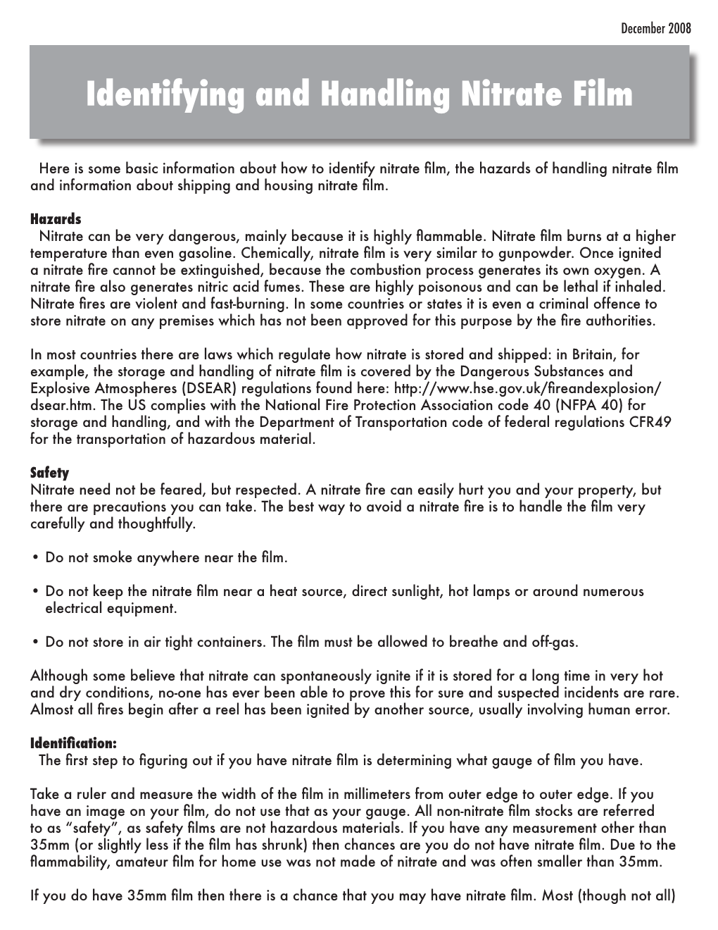 Identifying and Handling Nitrate Film