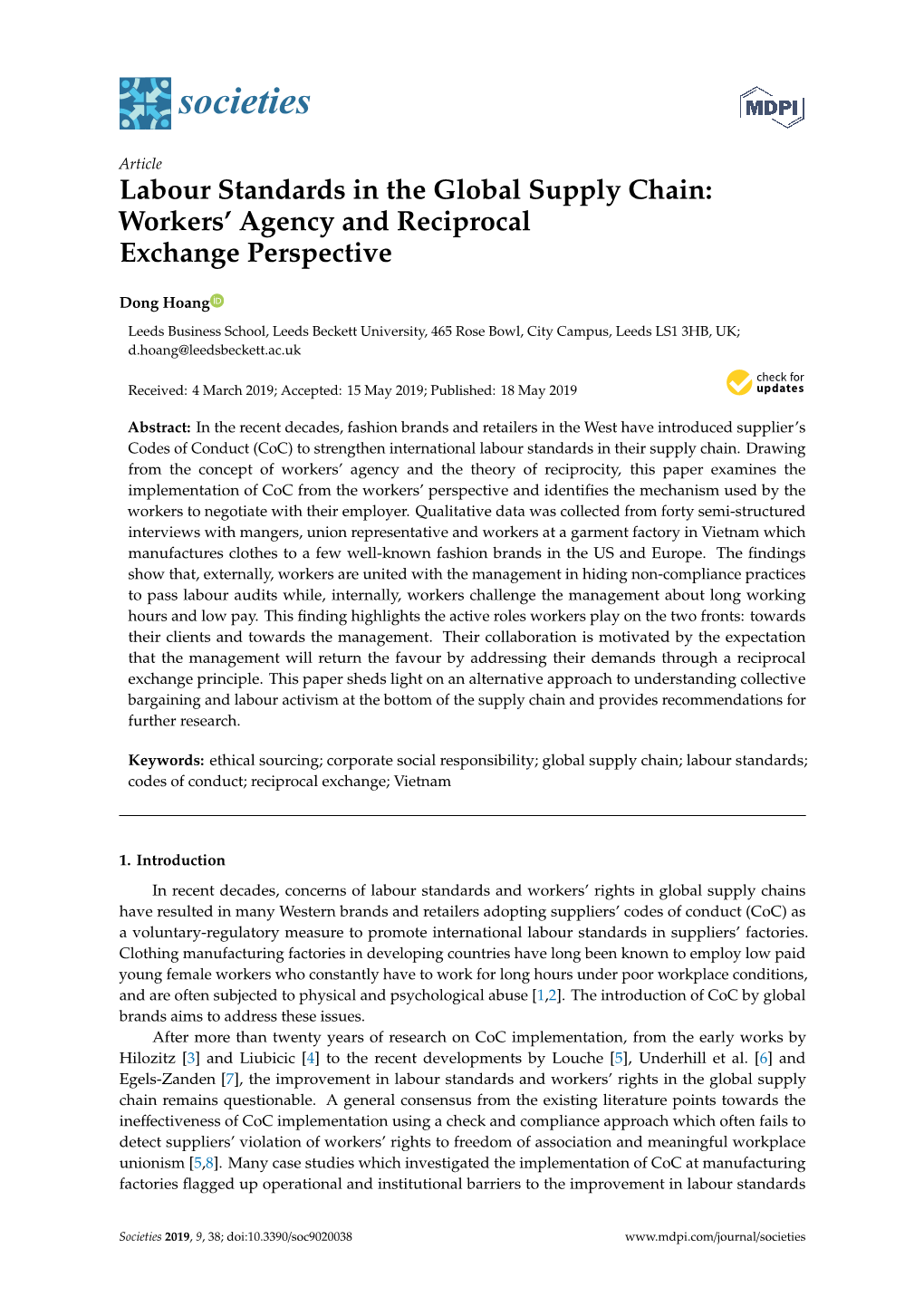 Labour Standards in the Global Supply Chain: Workers’ Agency and Reciprocal Exchange Perspective