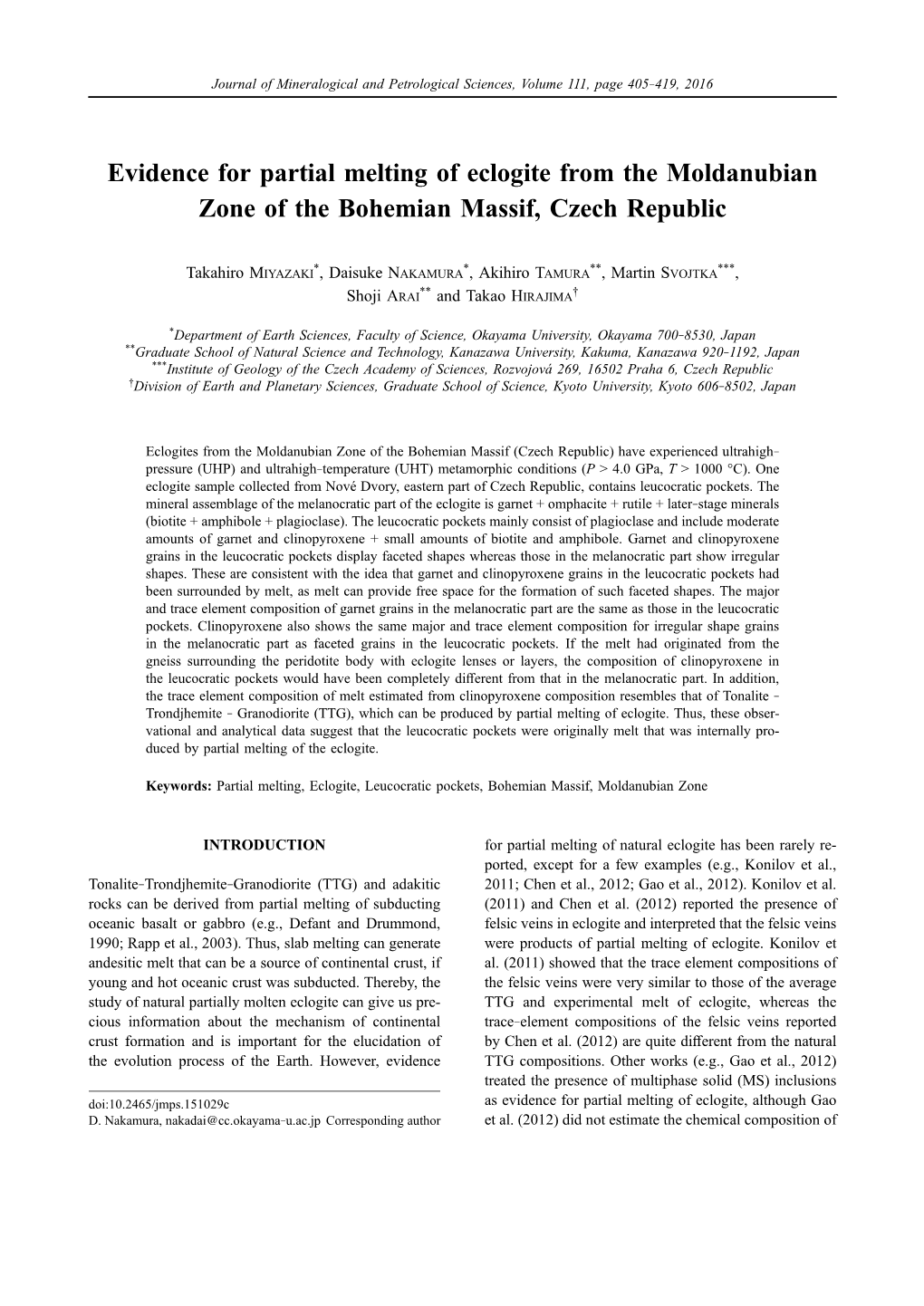 Evidence for Partial Melting of Eclogite from the Moldanubian Zone of the Bohemian Massif, Czech Republic