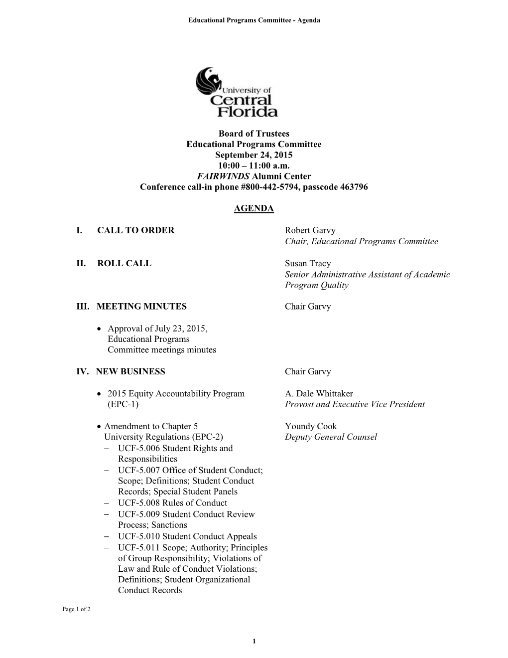 Board of Trustees Educational Programs Committee September 24, 2015 10:00 – 11:00 A.M