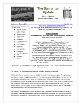 Vol. XVI - No 1 Your Link to the Samaritan Update Index in This Issue on January 1, 2015, the Samaritan Community Numbered 777