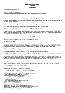 ANSWERED ON:27.03.2017 Inclusion of Heritage Sites in UNESCO List Chudasama Shri Rajeshbhai Naranbhai;Kumar Shri P.;Reddy,Kotha Prabhakar;Singh Shri Rakesh