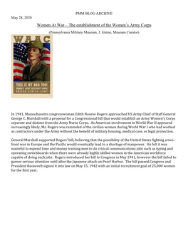 Women at War – the Establishment of the Women’S Army Corps (Pennsylvania Military Museum, J