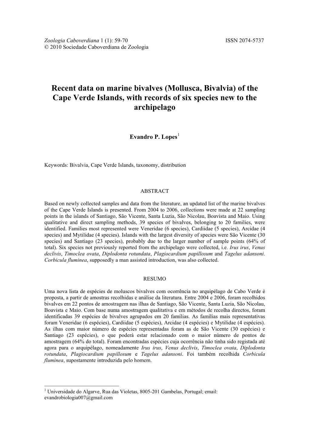 Zoologia Caboverdiana 1 (1): 59-70 ISSN 2074-5737 © 2010 Sociedade Caboverdiana De Zoologia