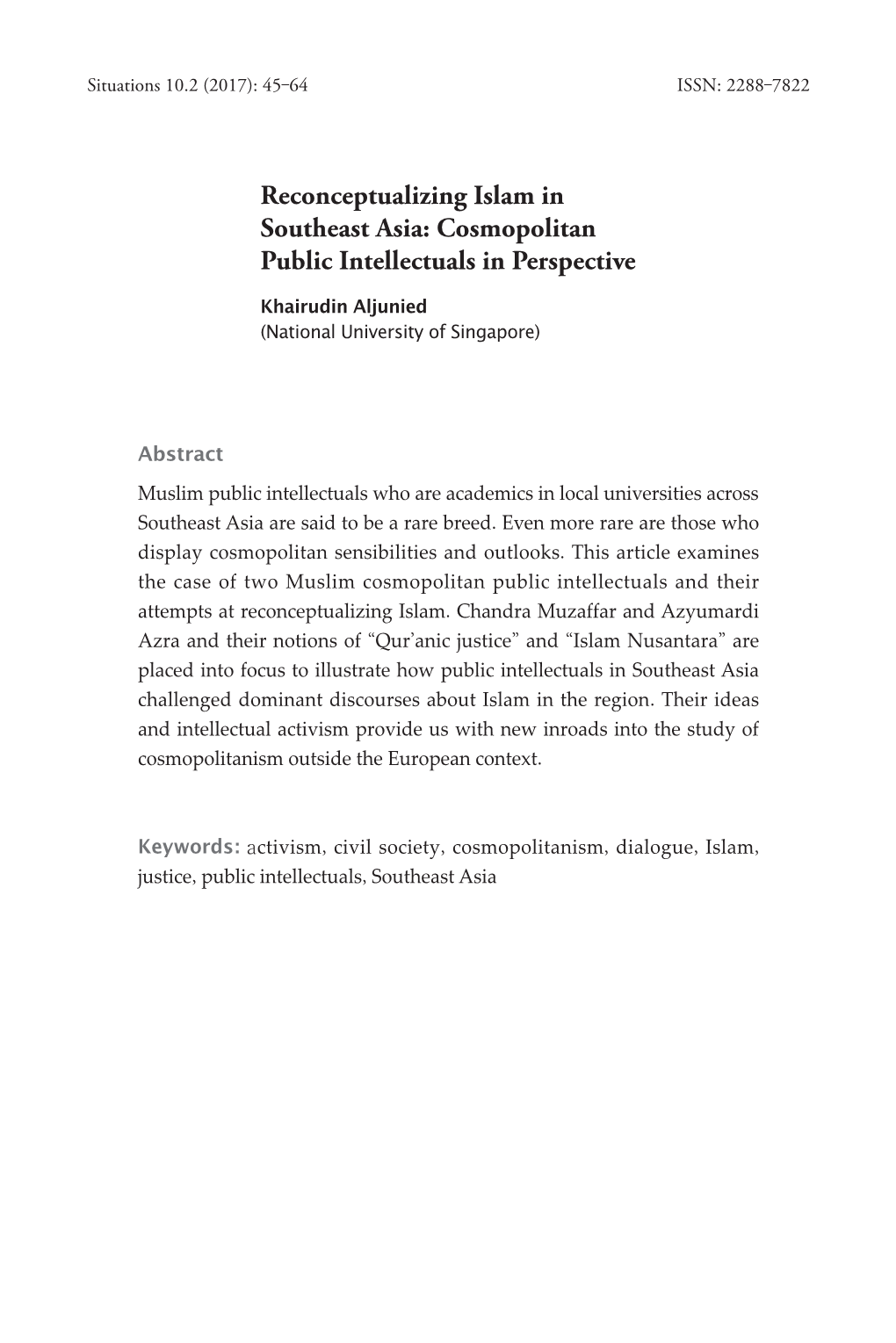 Reconceptualizing Islam in Southeast Asia: Cosmopolitan Public Intellectuals in Perspective