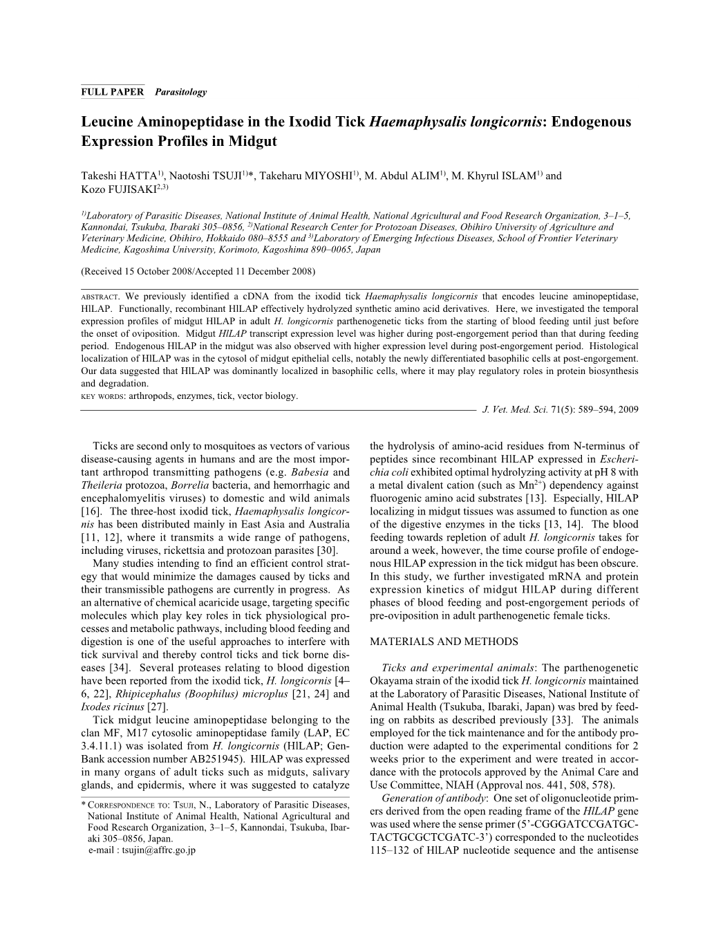 Leucine Aminopeptidase in the Ixodid Tick Haemaphysalis Longicornis: Endogenous Expression Profiles in Midgut