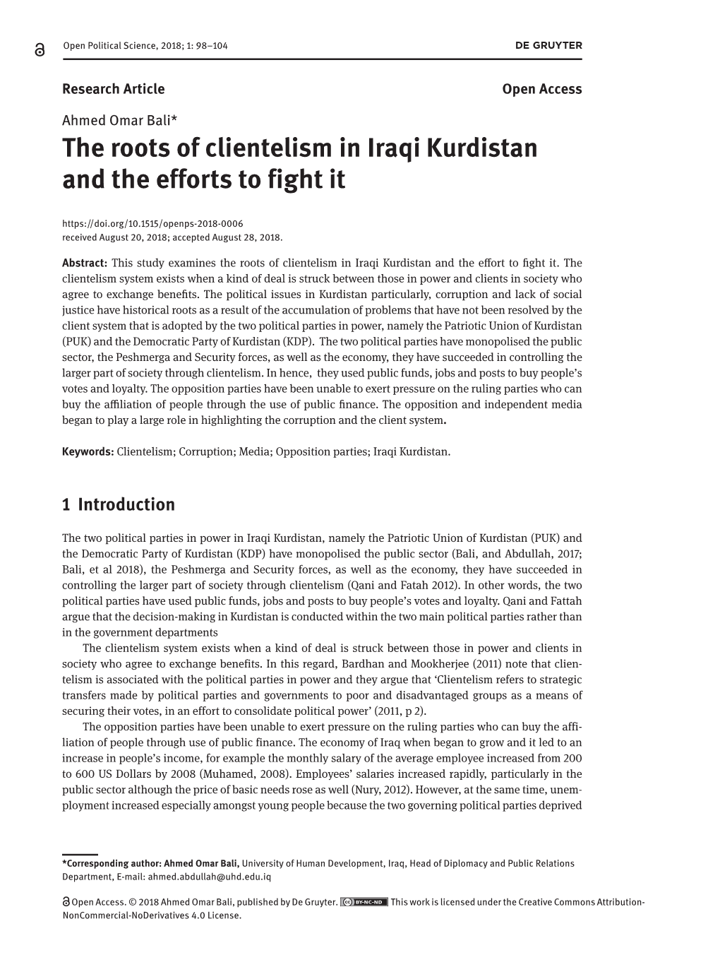The Roots of Clientelism in Iraqi Kurdistan and the Efforts to Fight It 99